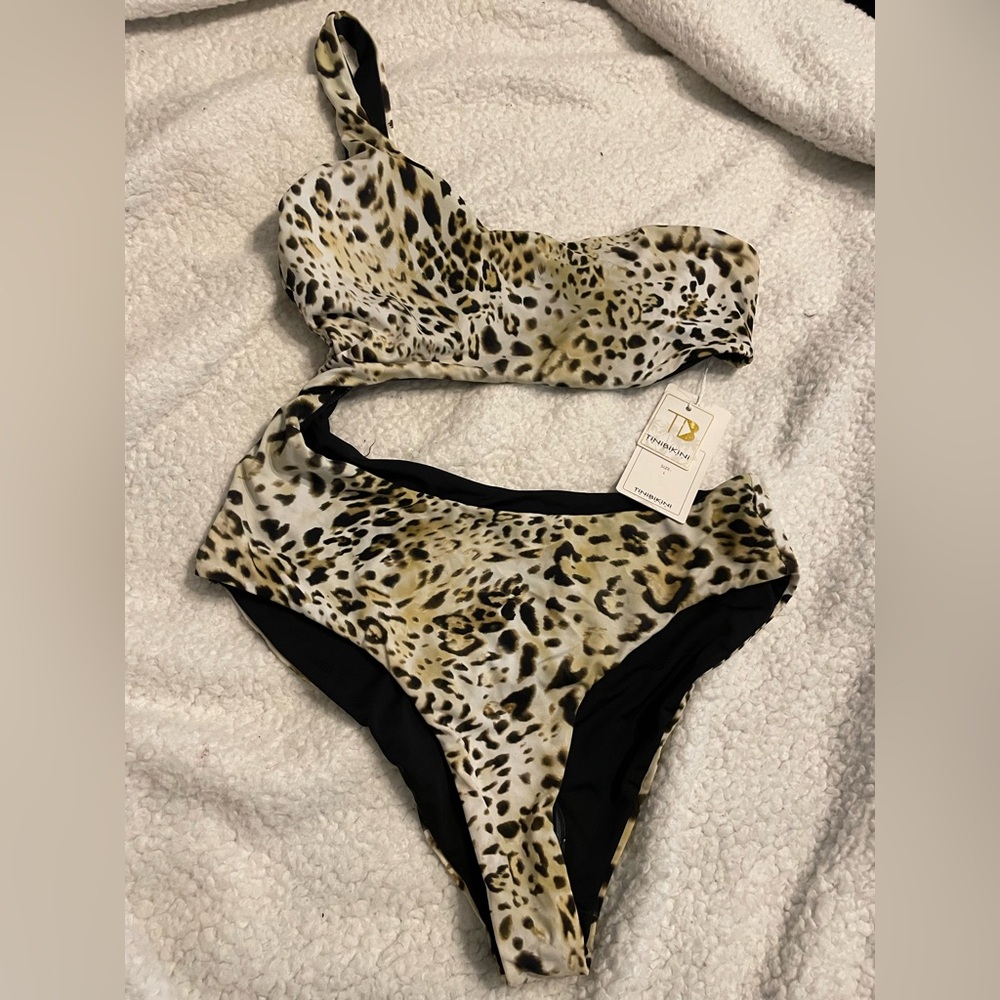 TiniBikini Leopard Print One-Shoulder Bikini Set in Black, Tan, Gold